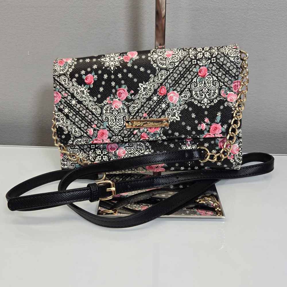Betsey Johnson Crossbody Bag Floral Bandana Roses Coquette Boho Whimsical Vegan